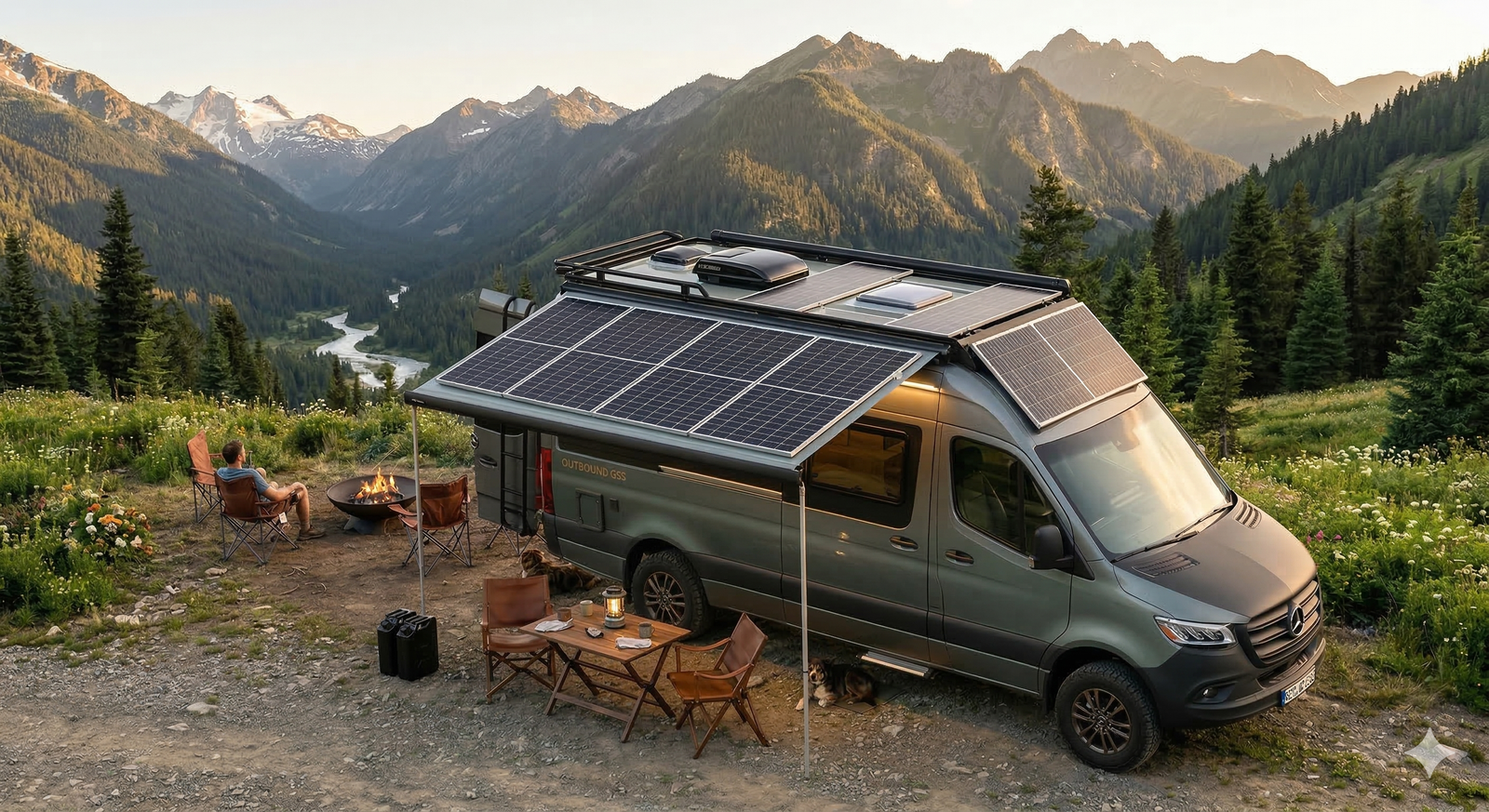 Doğa içinde park edilmiş karavan ve mobil yaşam kullanımına uygun enerji paketi görseli