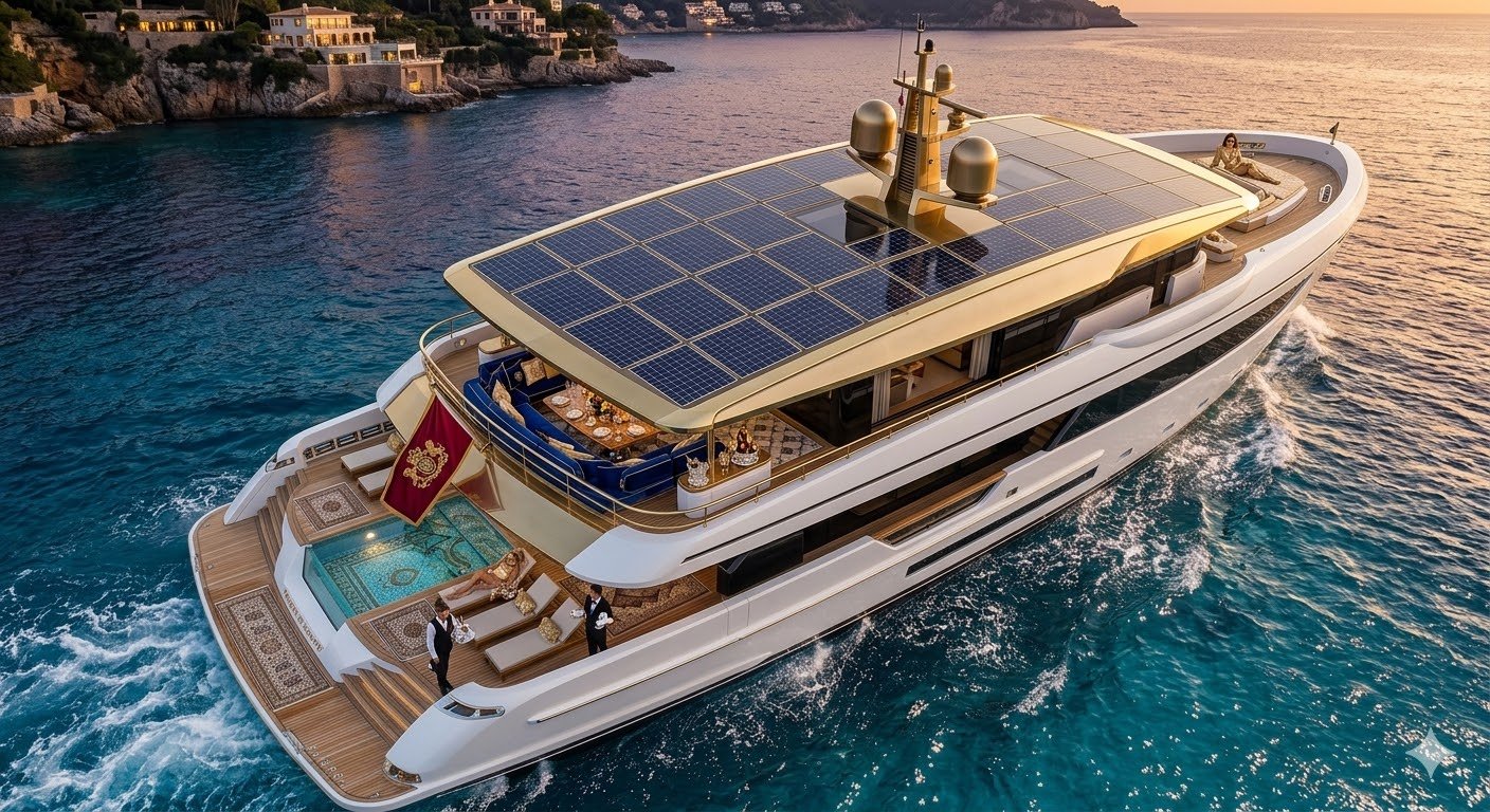Üst güvertesinde solar panel bulunan katamaran tipi tekne için marin enerji paketi görseli