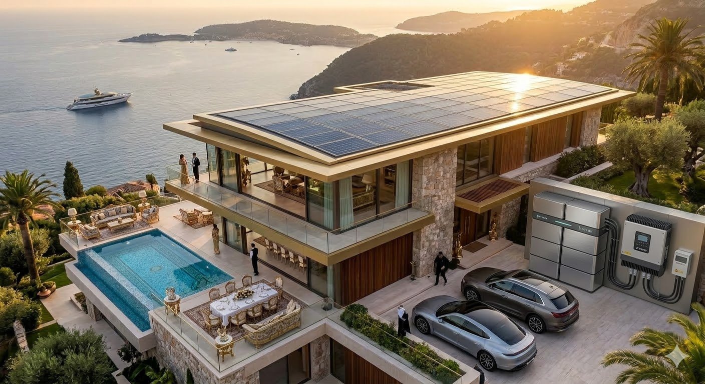 Çatısında yoğun güneş paneli kurulumu bulunan modern villa tipi konut